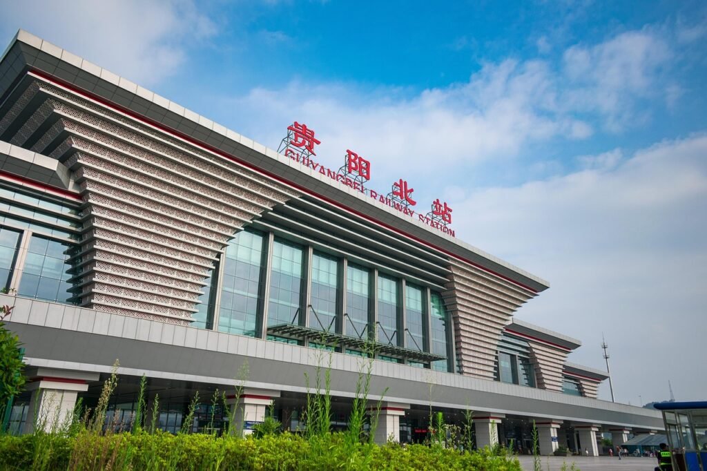 china, guizhou, guiyang, guiyang north railway station, guiyang high-speed railway station, train station, the ticket office, the ticket building, striped building
