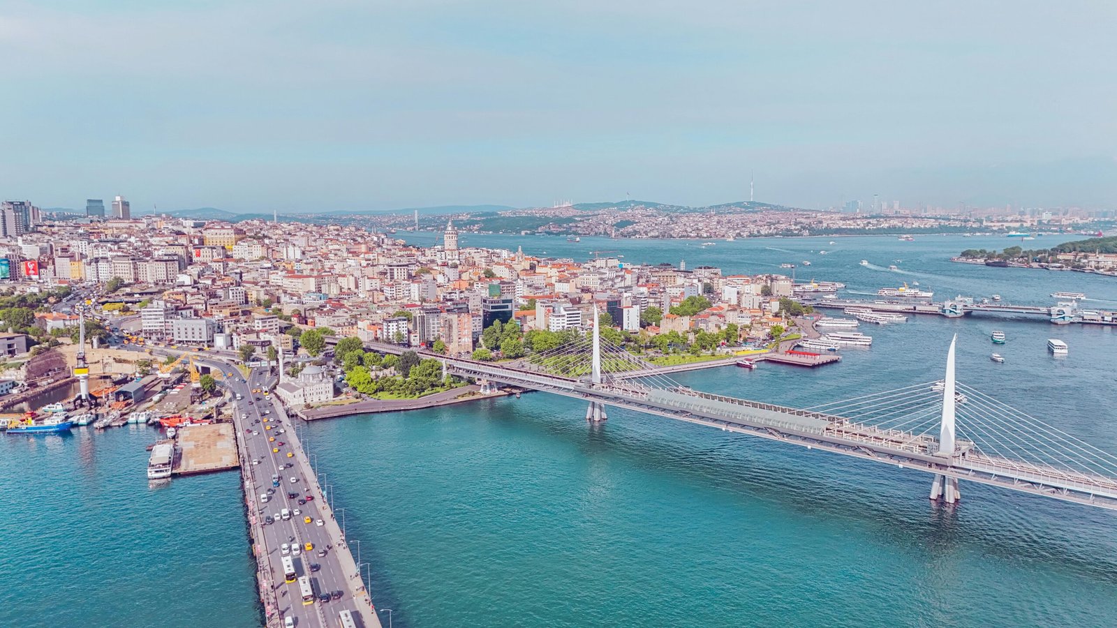 Scenic aerial view of Istanbul featuring the Golden Horn and bustling urban landscape.
